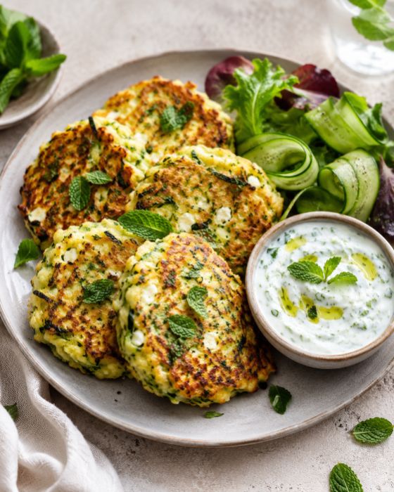 Galettes de courgettes et feta, sauce yaourt-menthe